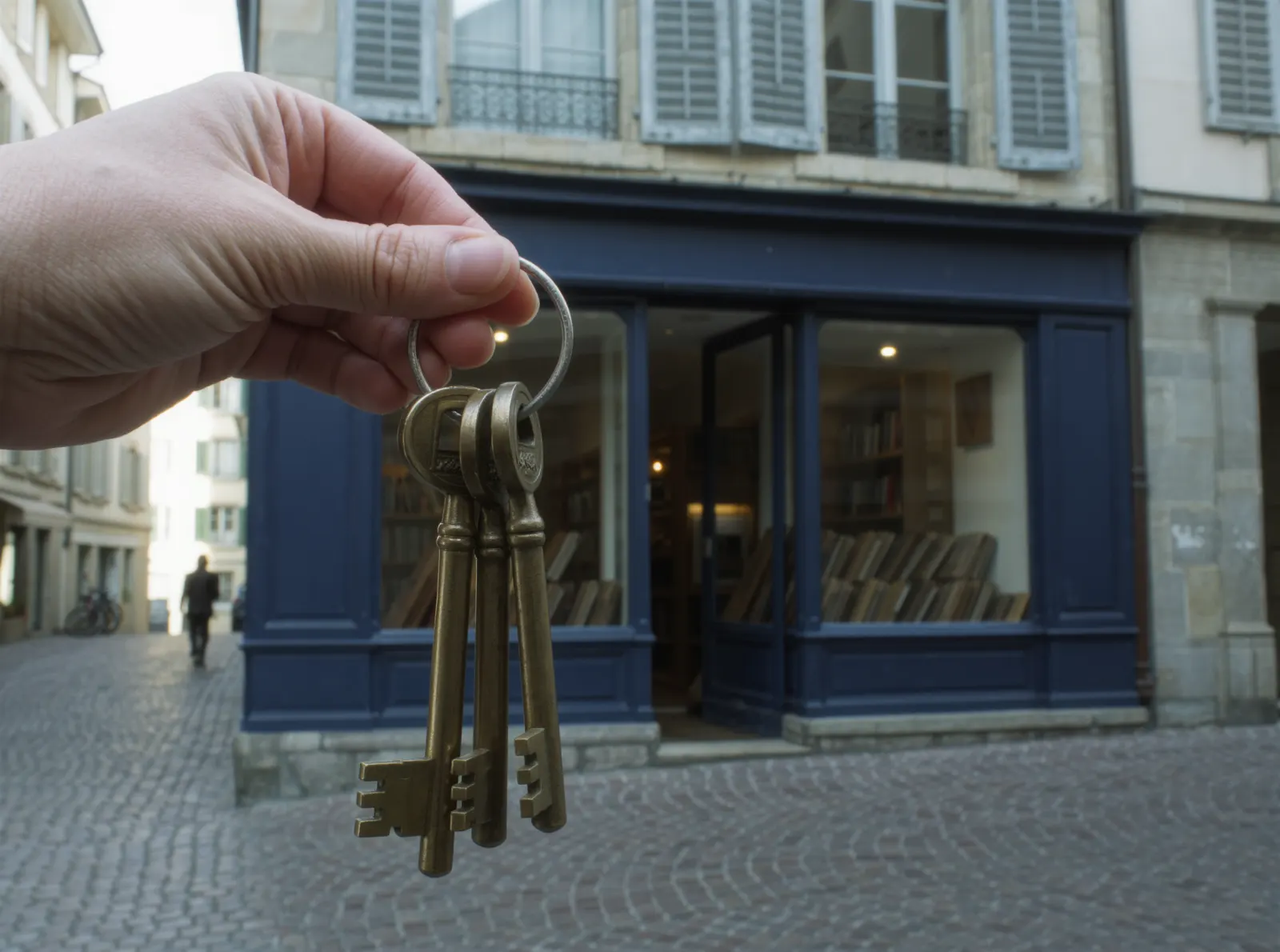 Une main tient un trousseau de clés devant la vitrine marine d'une boutique, dans une rue pavée de la vieille ville de Genève.