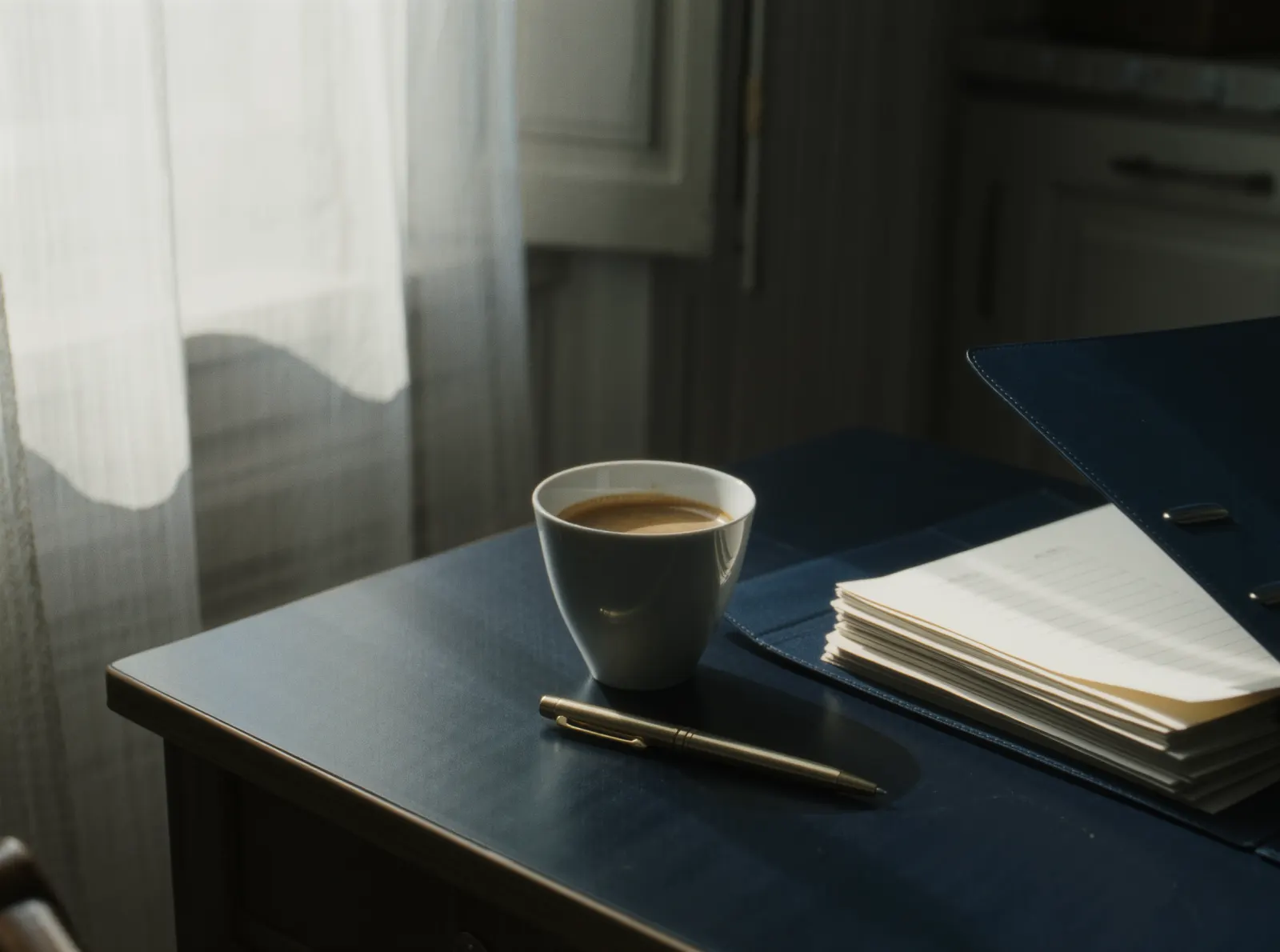 Une tasse de café, un stylo et une pile de formulaires sur une table, dans la lumière du matin.