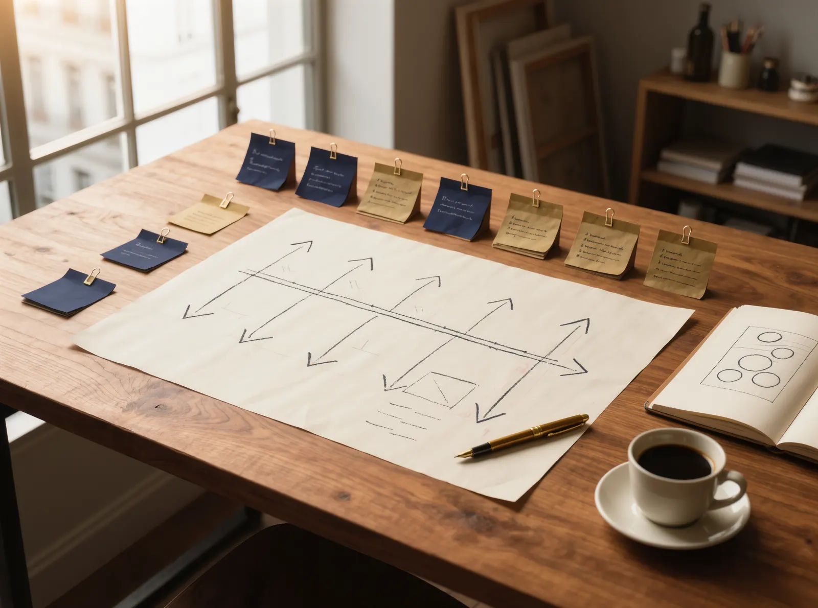 Un plan de communication en cours sur un bureau : une frise, des notes marine et or, un carnet et un stylo.